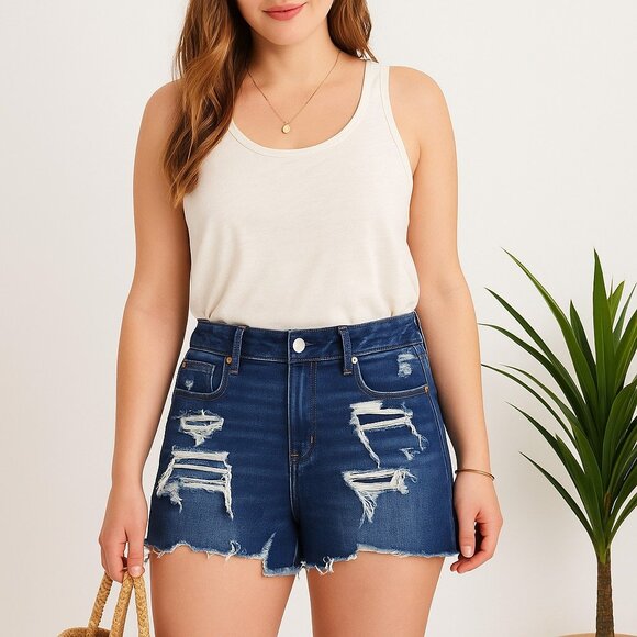 American Eagle High V-Rise Shortie Distressed Jean Shorts Womens Size 8 Stretch - Picture 1 of 15